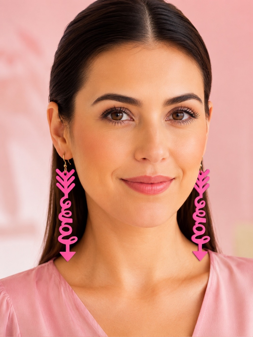 Love Clover Hot Pink Arrow Script Dangle Earrings